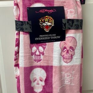 Ed Hardy Pink and White Printed Plush Oversized Throw
